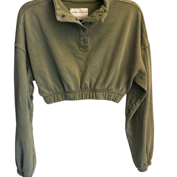 Aeropostale Cropped Sweatshirt Women’s XS Olive Green Button Pullover - Picture 2 of 8